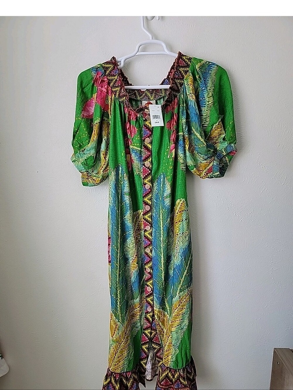 FARM RIO Green Tropical Print Puff-Sleeve Dress